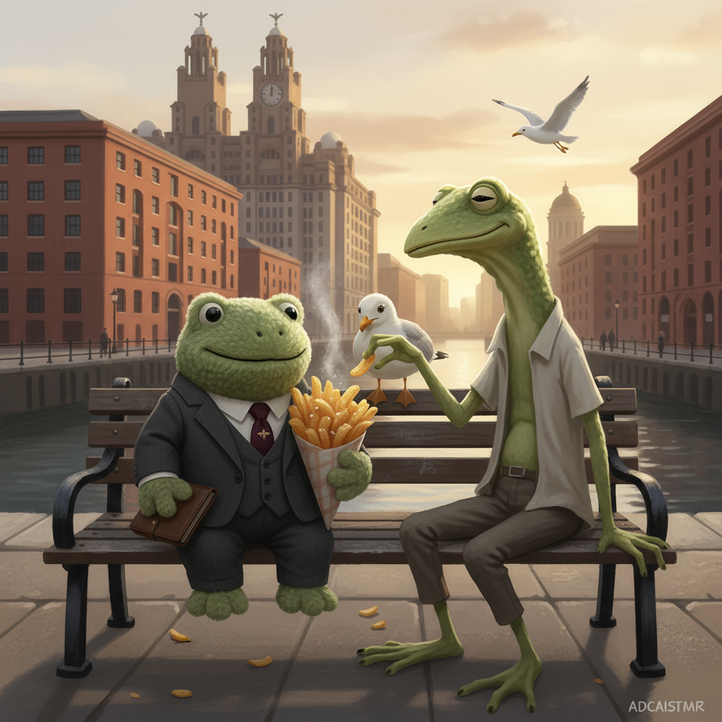 Two frogs at Albert Dock, Scouse chips, golden hour